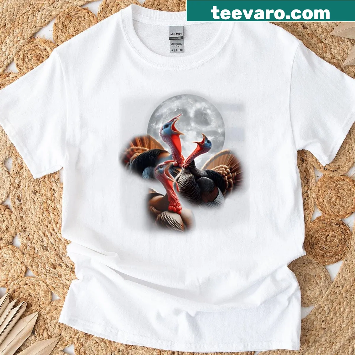 Funny turkey hunting t-shirt with turkeys howling at the moon — on a men's t-shirt
