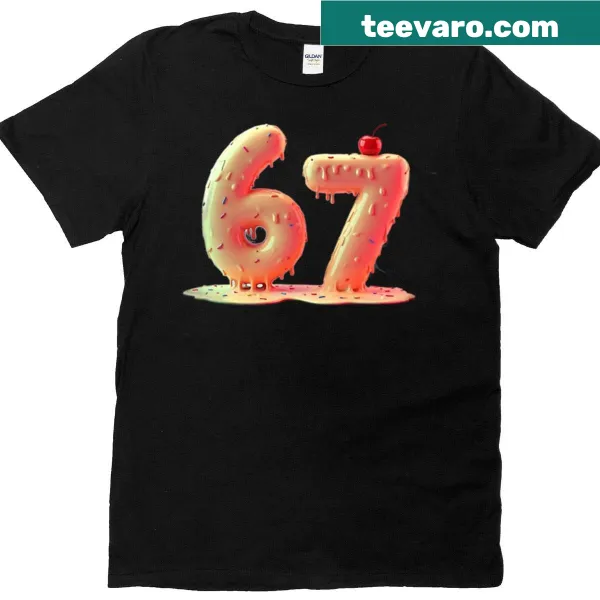 Playful T-shirt with frosting and cherry illustration and number 67