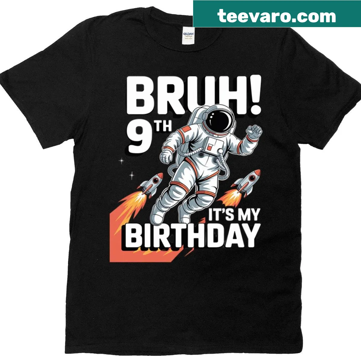 Cartoon astronaut design with text 'Bruh It's My 9th Birthday' — on a men's t-shirt