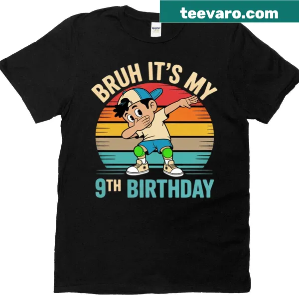 Dabbing boy cartoon graphic on 9 year old birthday shirt