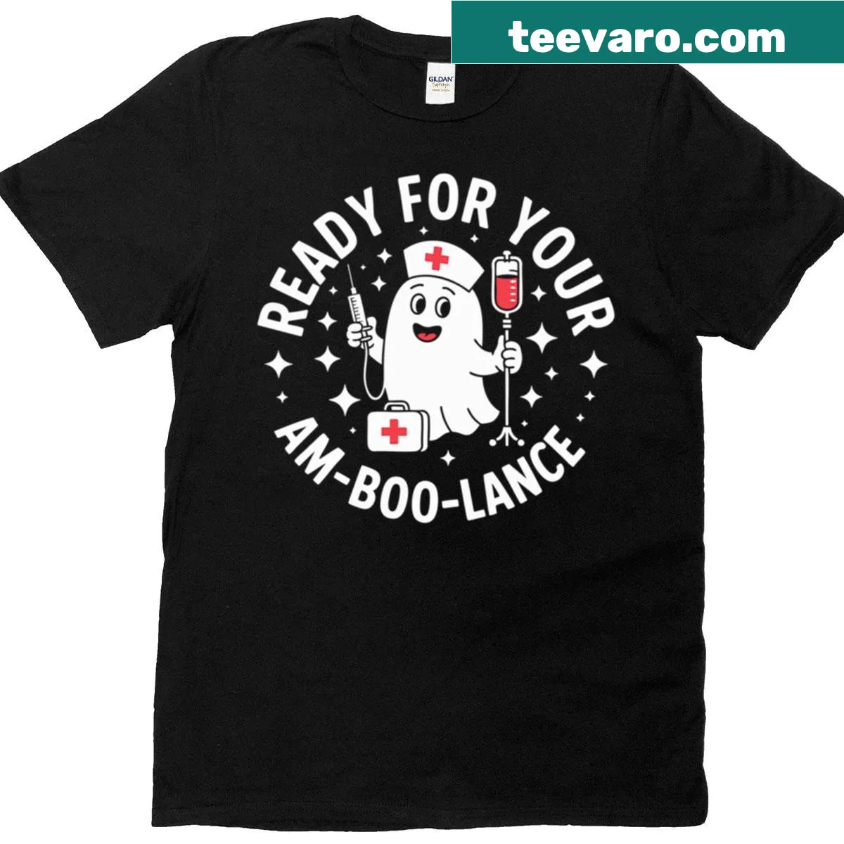 Cute Halloween shirt with a ghost nurse and 'Am-boo-lance' text. — on a men's t-shirt