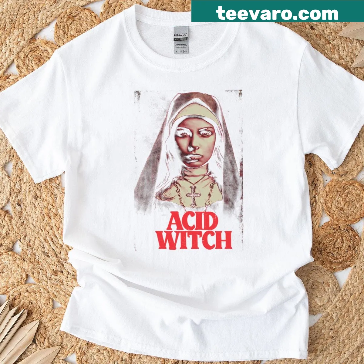 Cartoon t-shirt featuring the phrase 'Gather Each Witch' with a whimsical design — on a men's t-shirt