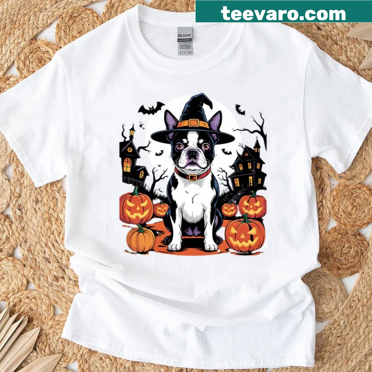 Cute Boston Terrier dog in witch costume with pumpkin graphic — on a men's t-shirt