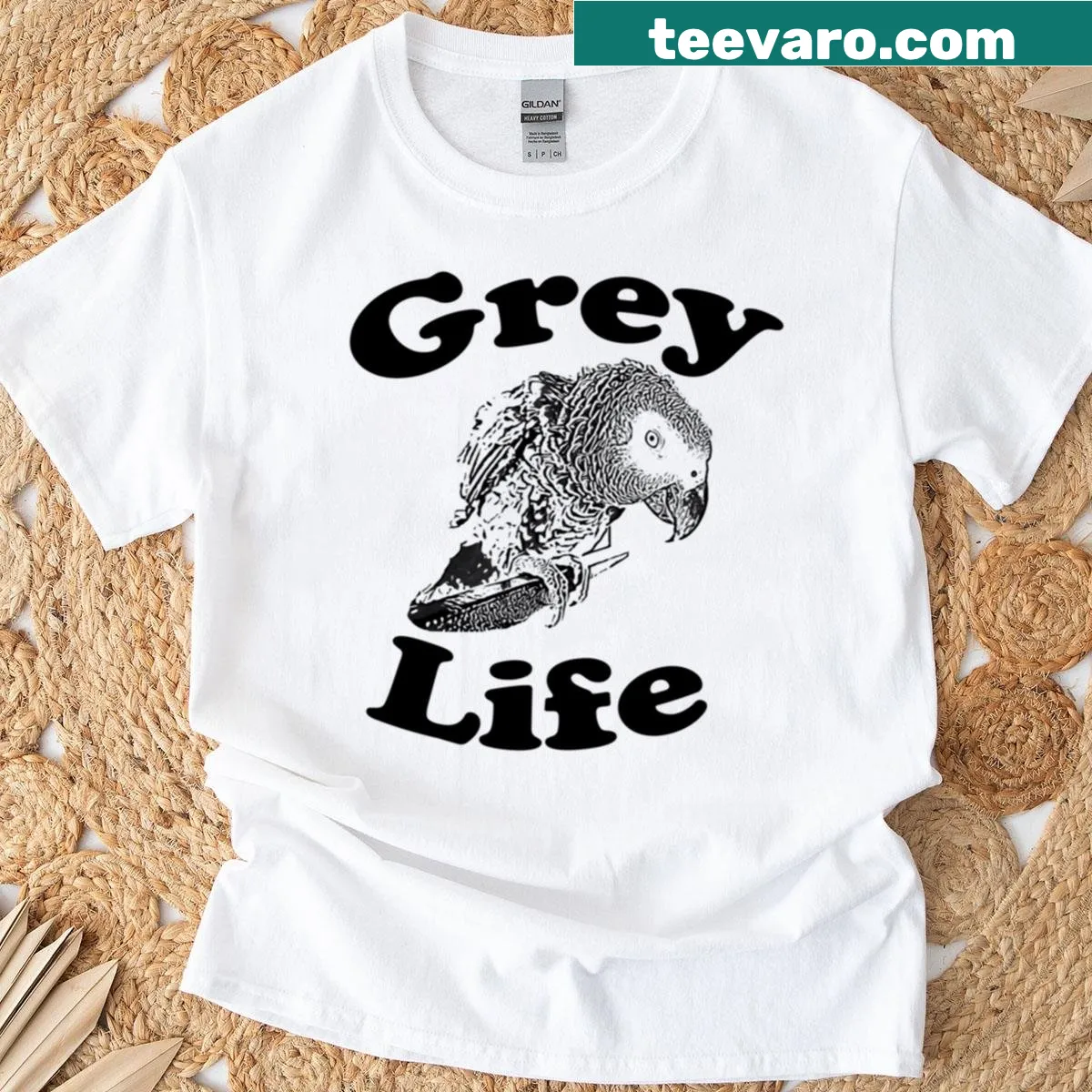 Illustration of an African Grey Parrot on a T-shirt — on a men's t-shirt