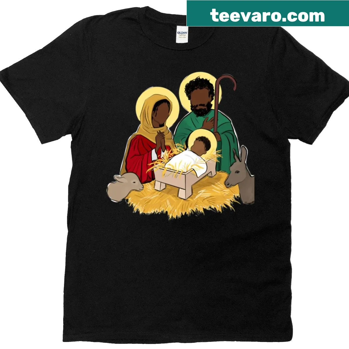 Illustrated T-shirt featuring Black Jesus in an African Holy Family nativity scene — on a men's t-shirt