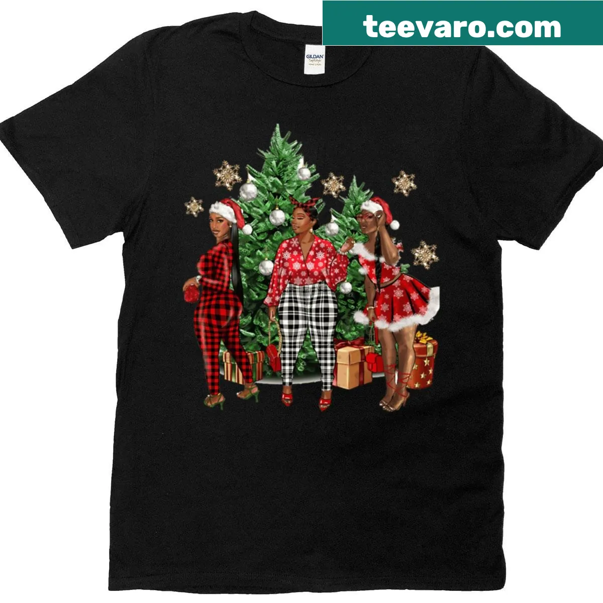 Festive T-shirt featuring melanin girls celebrating Christmas with a tree — on a men's t-shirt