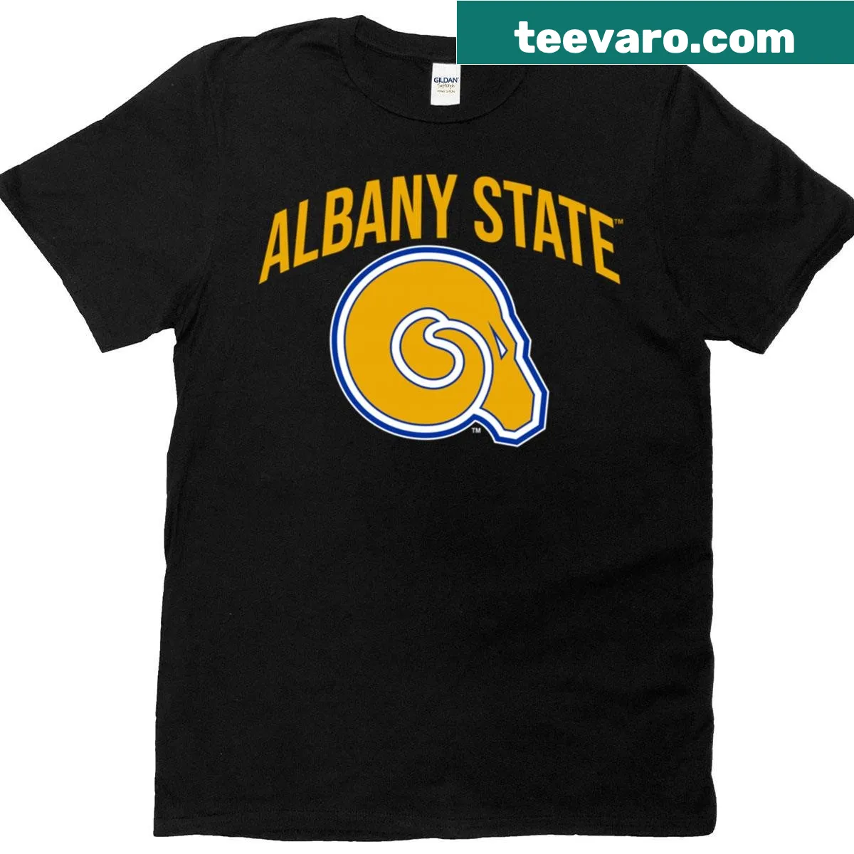 Albany State University Golden Rams logo T-shirt — on a men's t-shirt