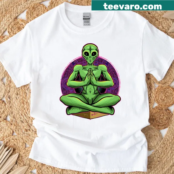 Illustration of an alien meditating in space on T-shirt