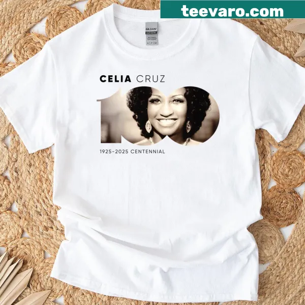 Celia Cruz centennial logo T-shirt honoring the iconic singer