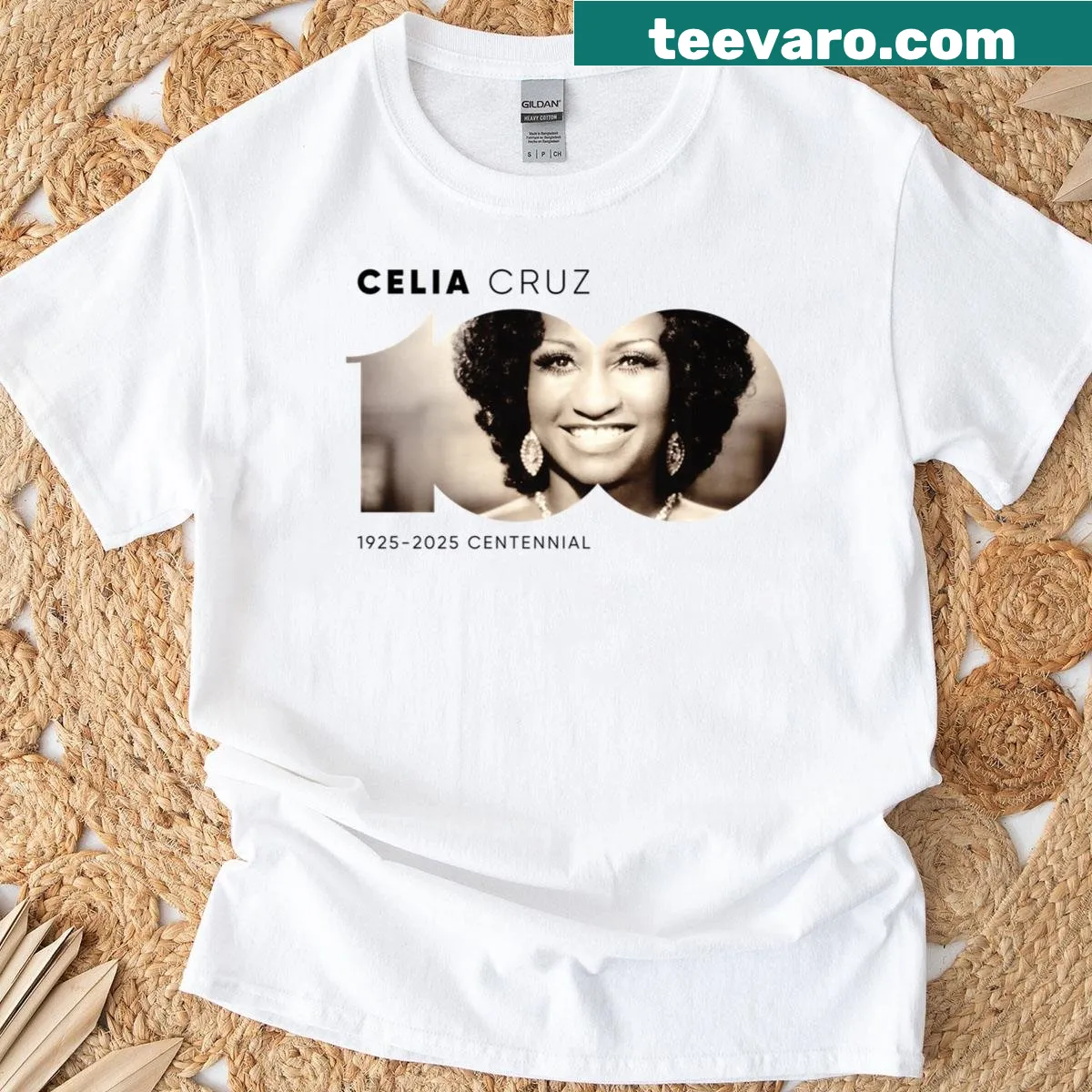 Celia Cruz centennial logo T-shirt honoring the iconic singer — on a men's t-shirt