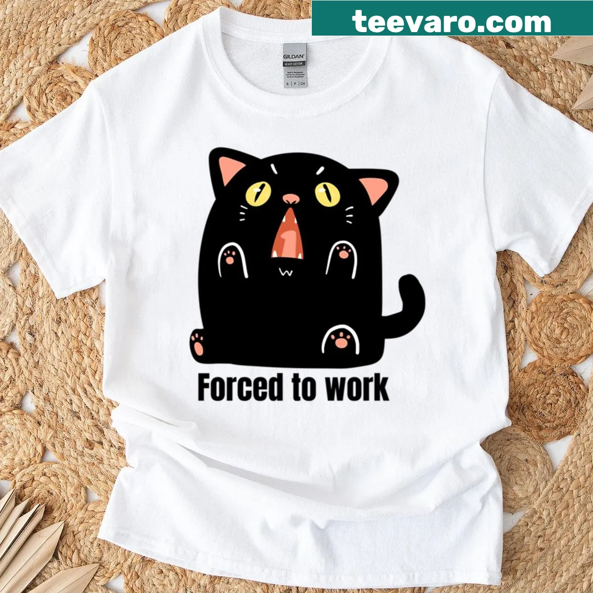 Funny black cat graphic with office humor text — on a men's t-shirt