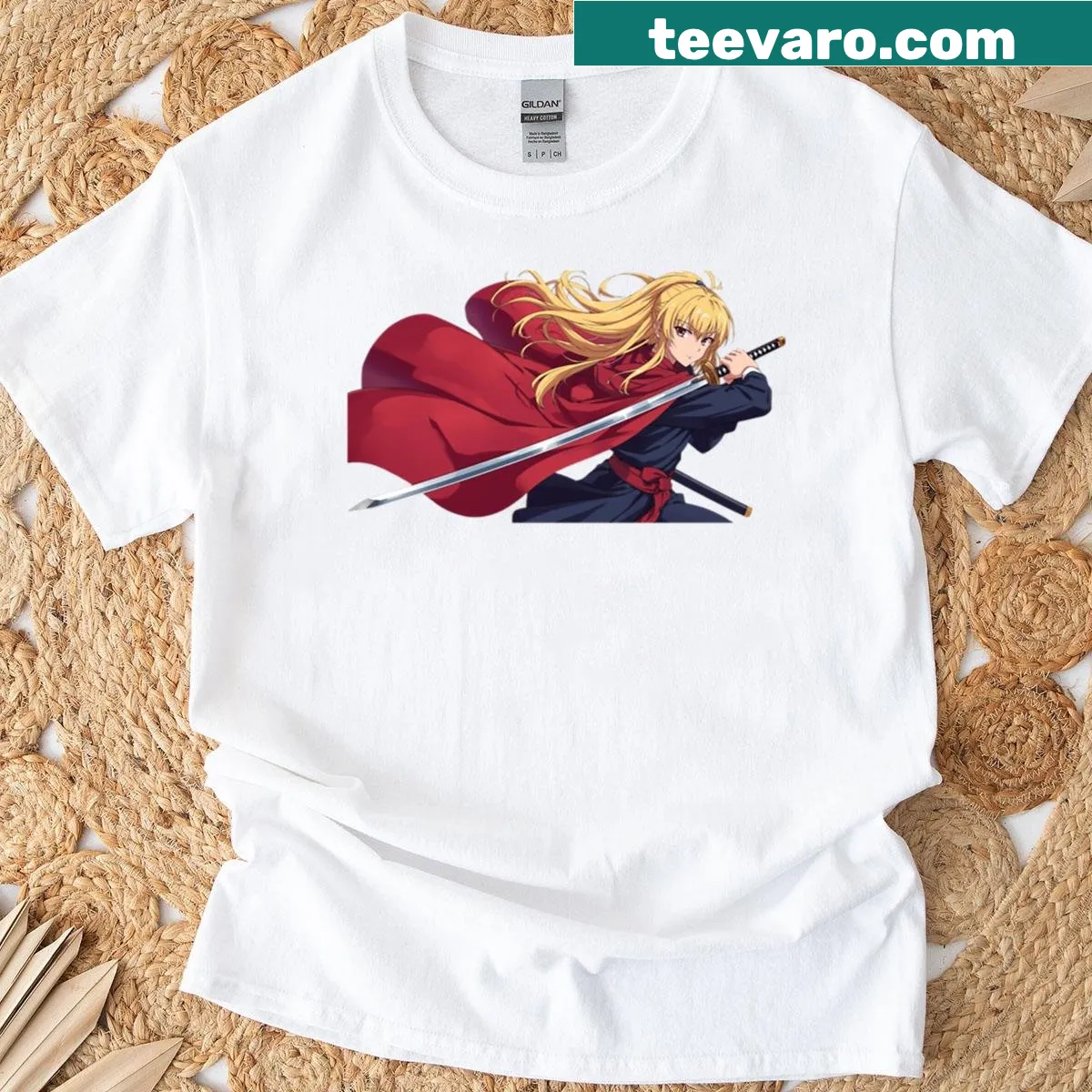 Illustration of a fierce anime samurai girl on T-shirt. — on a men's t-shirt