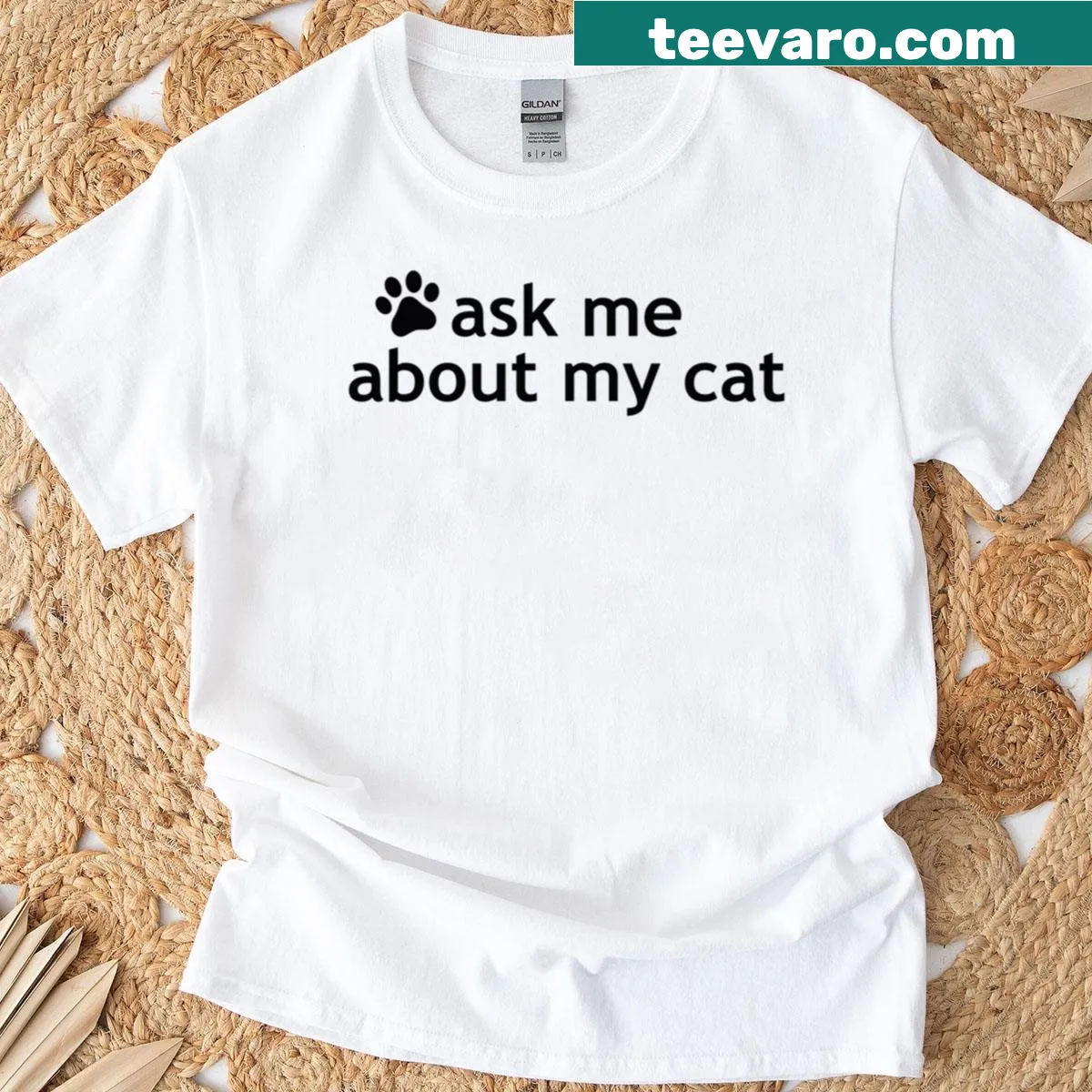 T-shirt with playful 'Ask Me About My Cat' text design — on a men's t-shirt