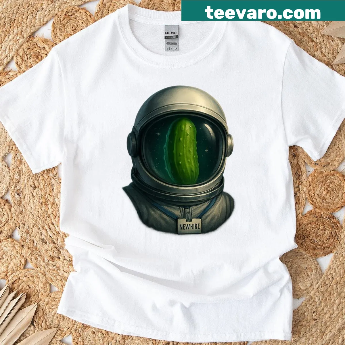 Funny Halloween t-shirt featuring a pickle in an astronaut helmet — on a men's t-shirt