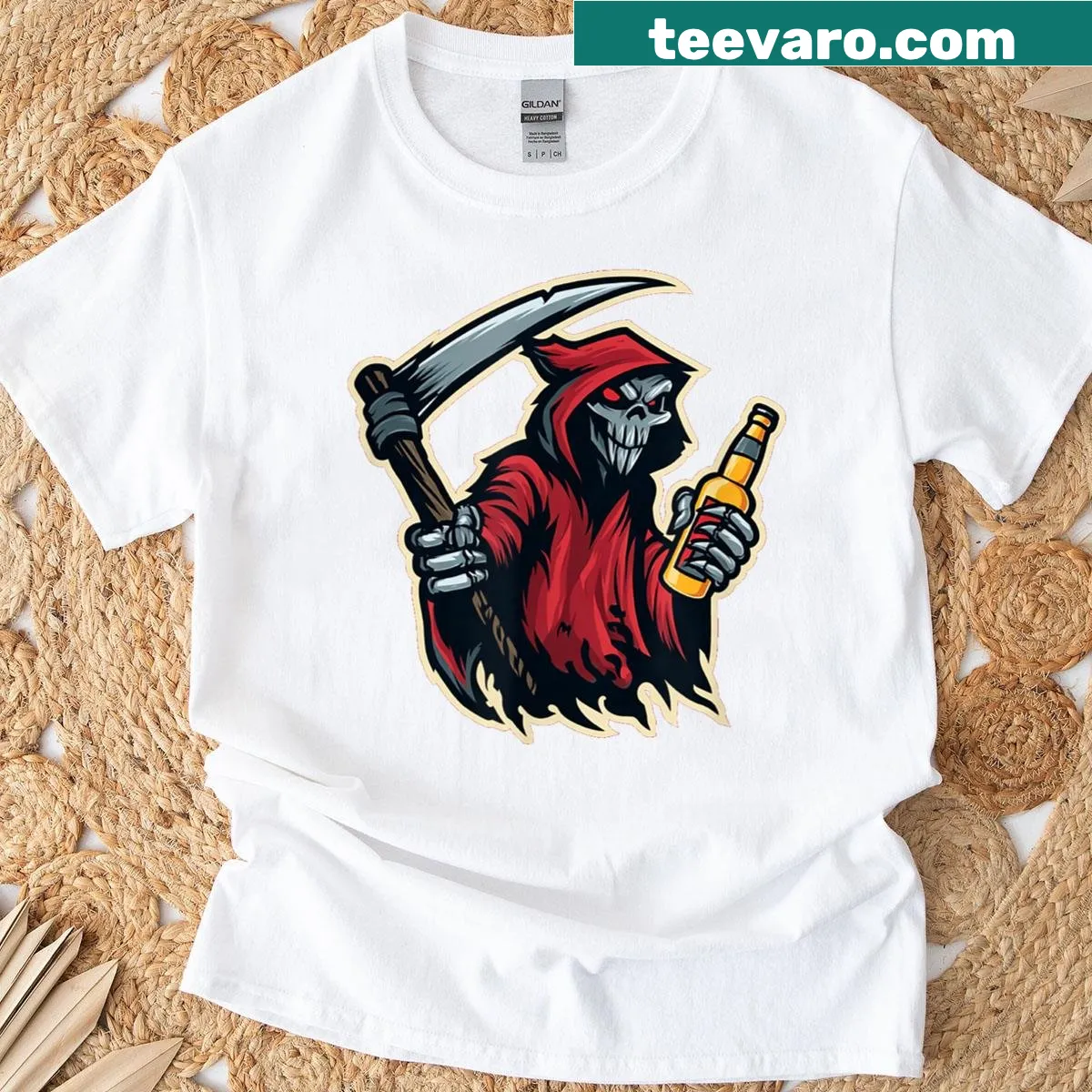 Awesome Beer t-shirt with Grim Reaper logo illustration — on a men's t-shirt