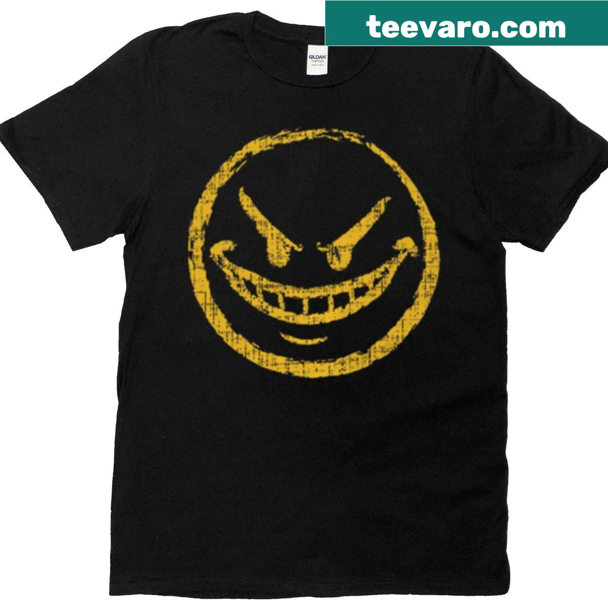 T-shirt with a mischievous grin logo designed for humor and fun — on a men's t-shirt