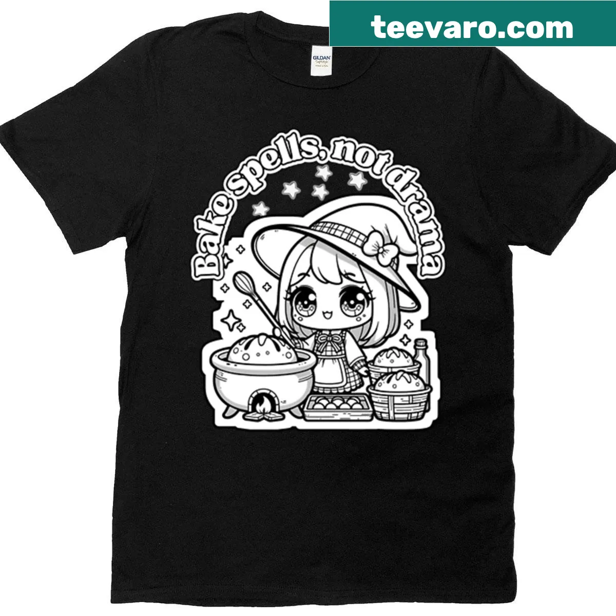 Cute kawaii chibi witch graphic on baking-themed t-shirt — on a men's t-shirt