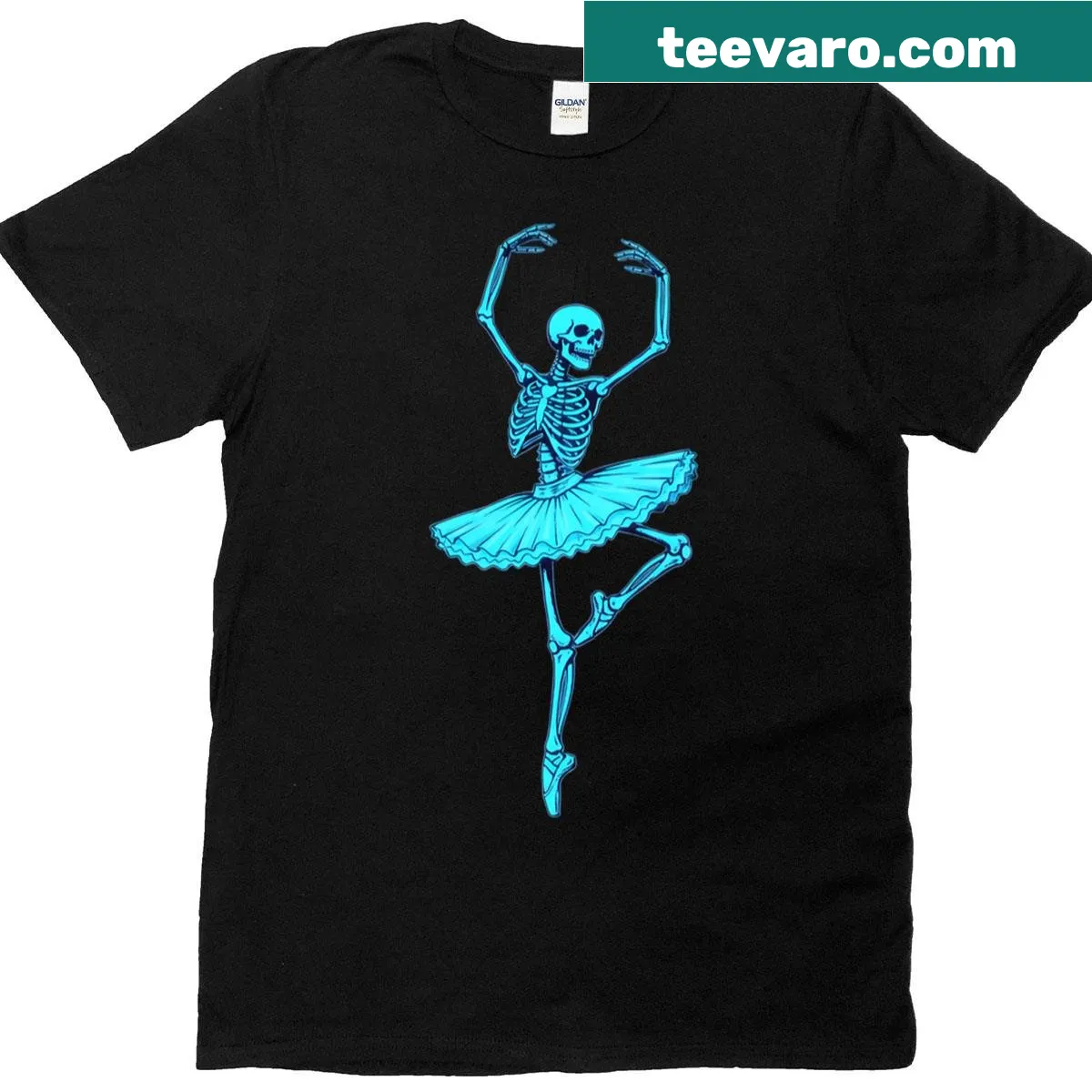 Ballerina skeleton illustration in neon tutu on T-shirt — on a men's t-shirt