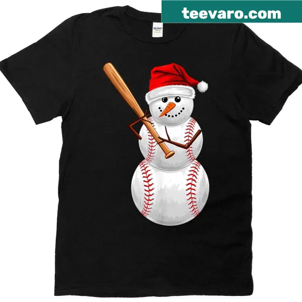 Cartoon snowman playing baseball on a Christmas-themed T-shirt