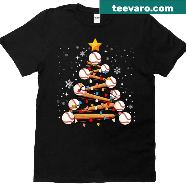 Christmas themed shirt with baseball tree lights illustration