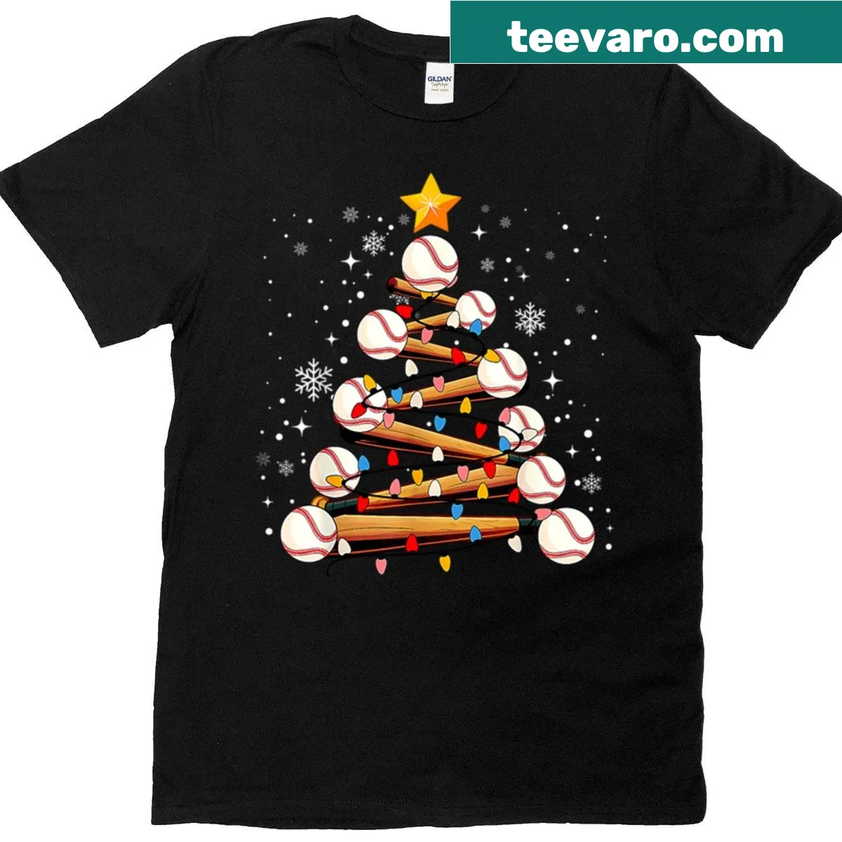 Christmas themed shirt with baseball tree lights illustration — on a men's t-shirt