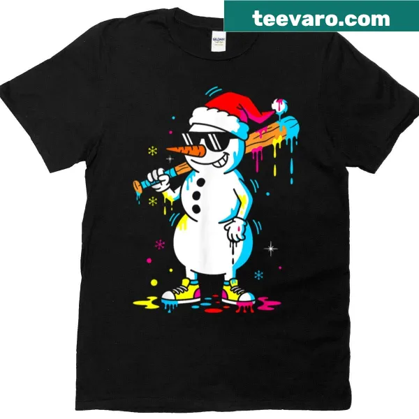 Funny Christmas t-shirt featuring a snowman with a baseball bat