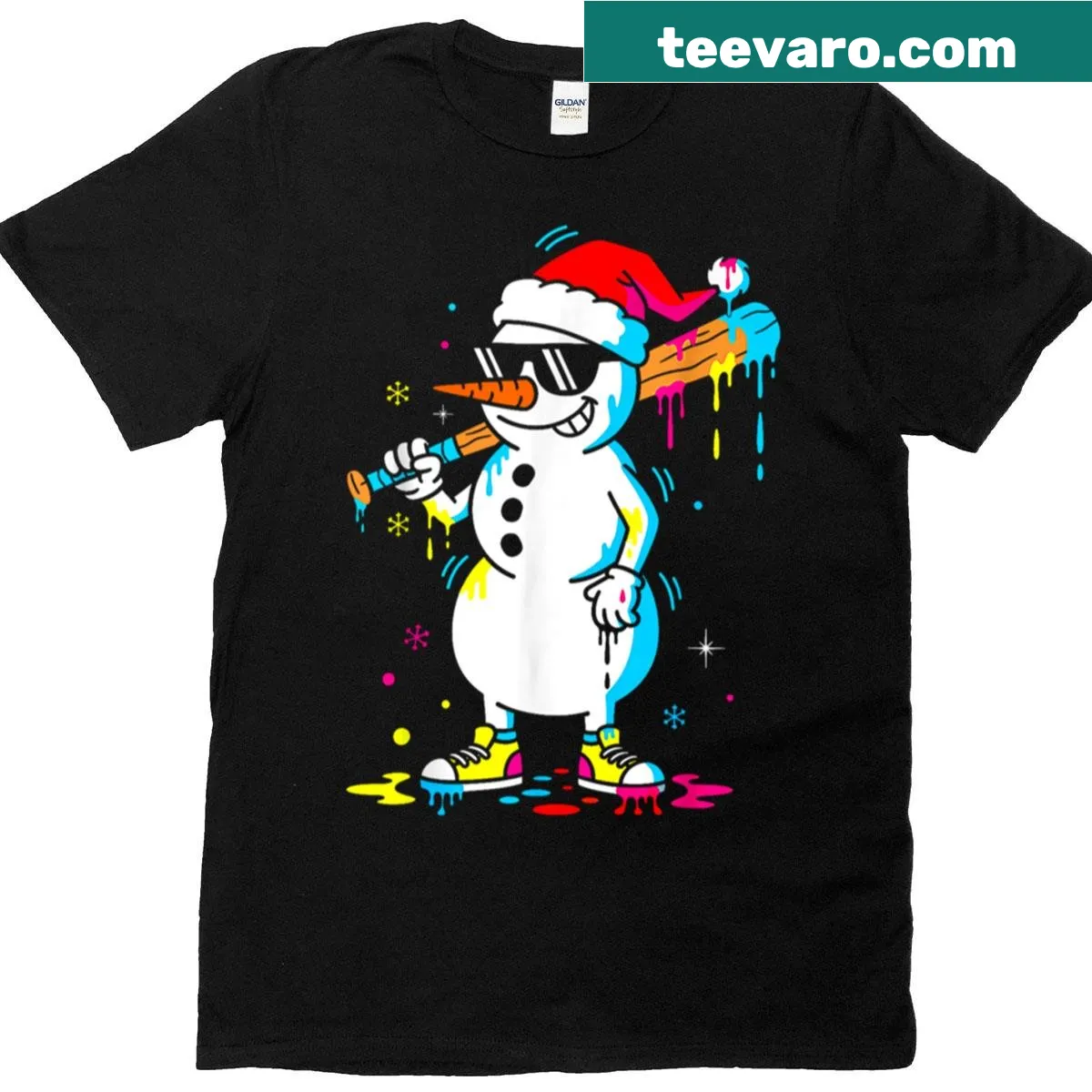 Funny Christmas t-shirt featuring a snowman with a baseball bat — on a men's t-shirt