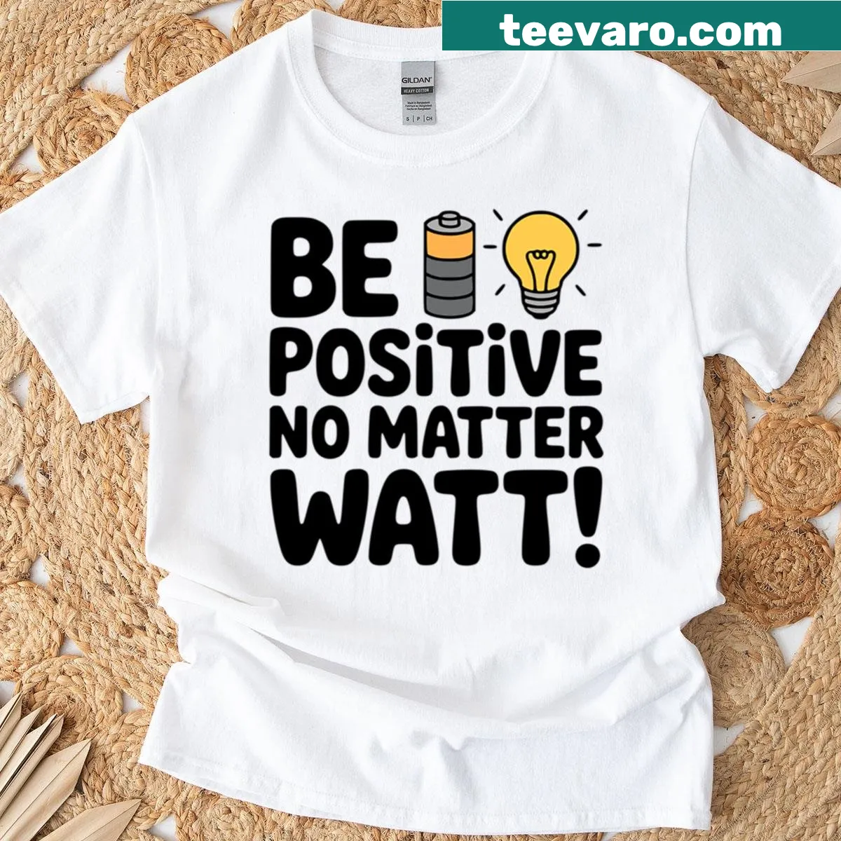 T-shirt with pun 'Be Positive No Matter Watt' related to electricity — on a men's t-shirt