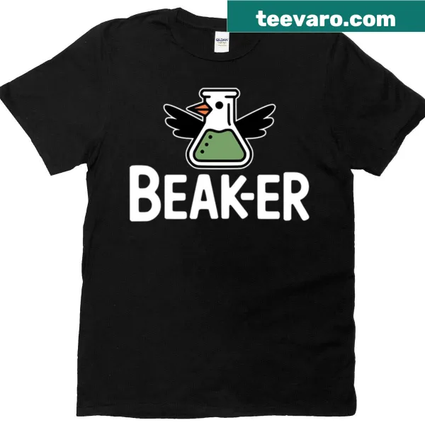 Funny science pun T-shirt featuring the phrase 'Beak-er'