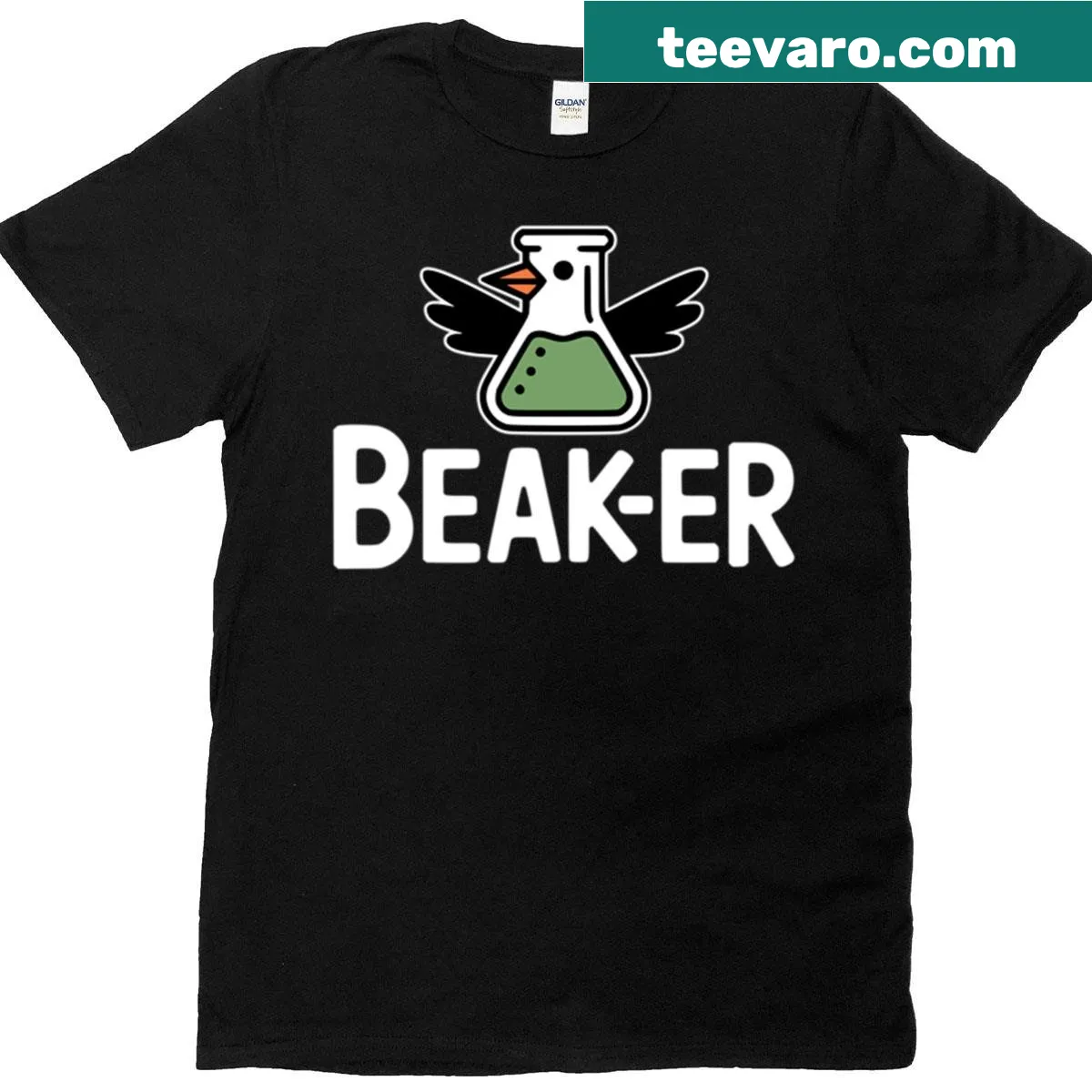 Funny science pun T-shirt featuring the phrase 'Beak-er' — on a men's t-shirt
