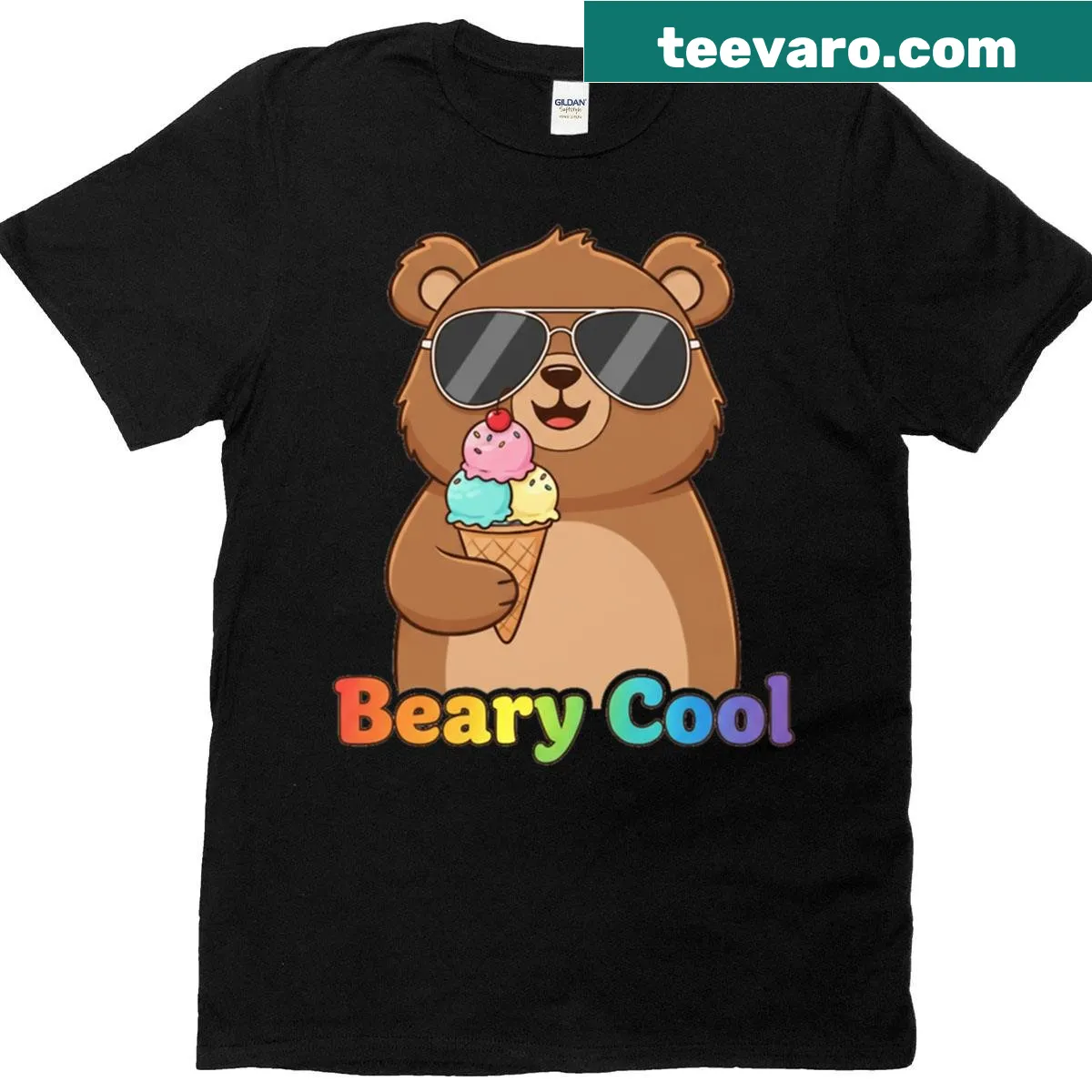 Cartoon bear with sunglasses and ice cream on T-shirt — on a men's t-shirt