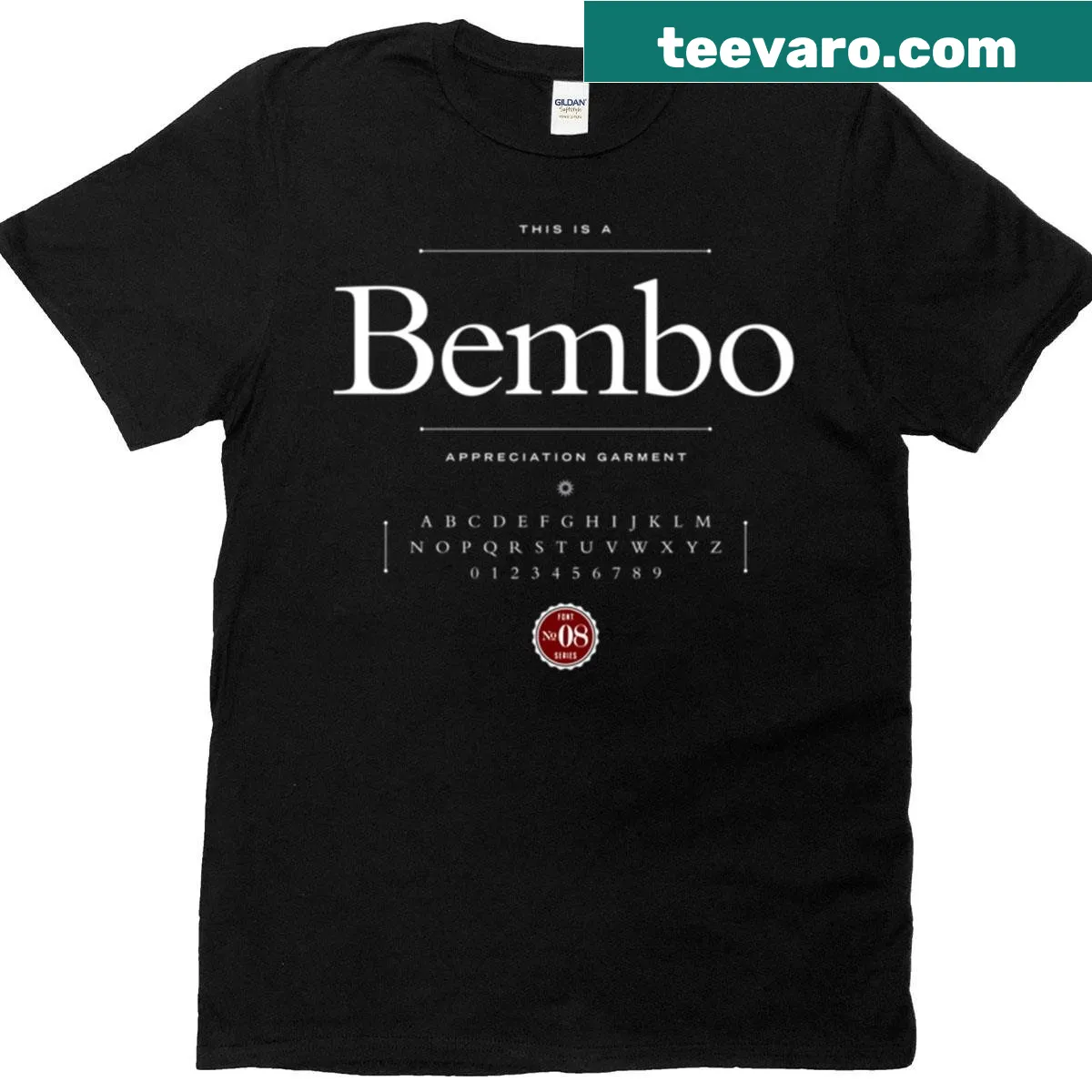 Bembo font design featured on a T-shirt — on a men's t-shirt