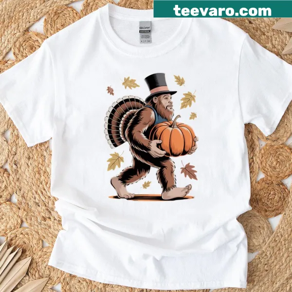 Whimsical Bigfoot with pumpkins t-shirt for Thanksgiving