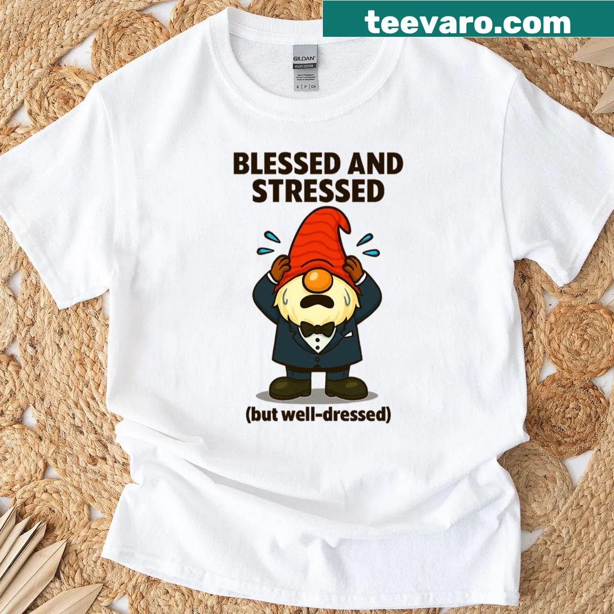 Funny Thanksgiving gnome t-shirt with blessed and stressed text — on a men's t-shirt