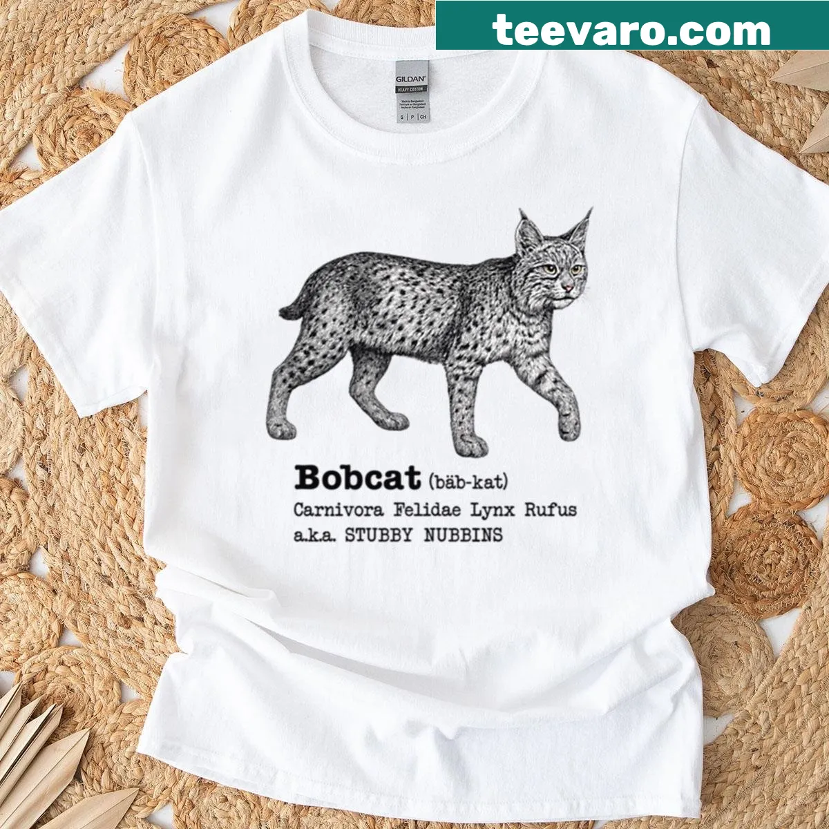 Cute T-shirt featuring a cartoon Bobcat named Stubby Nubbins — on a men's t-shirt
