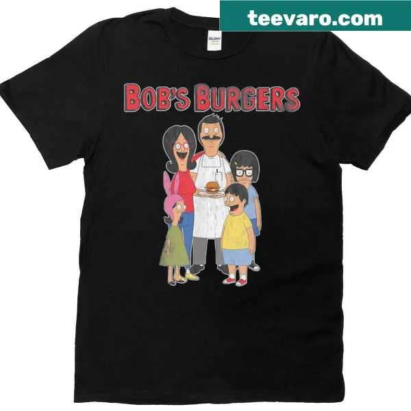 Illustration of the Bob's Burgers cartoon family on a retro T-shirt.