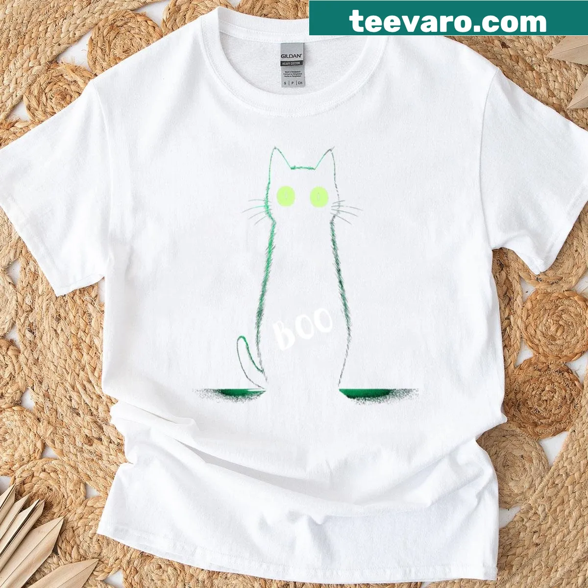 Minimalist sketch of a cat with 'Boo' text on t-shirt — on a men's t-shirt