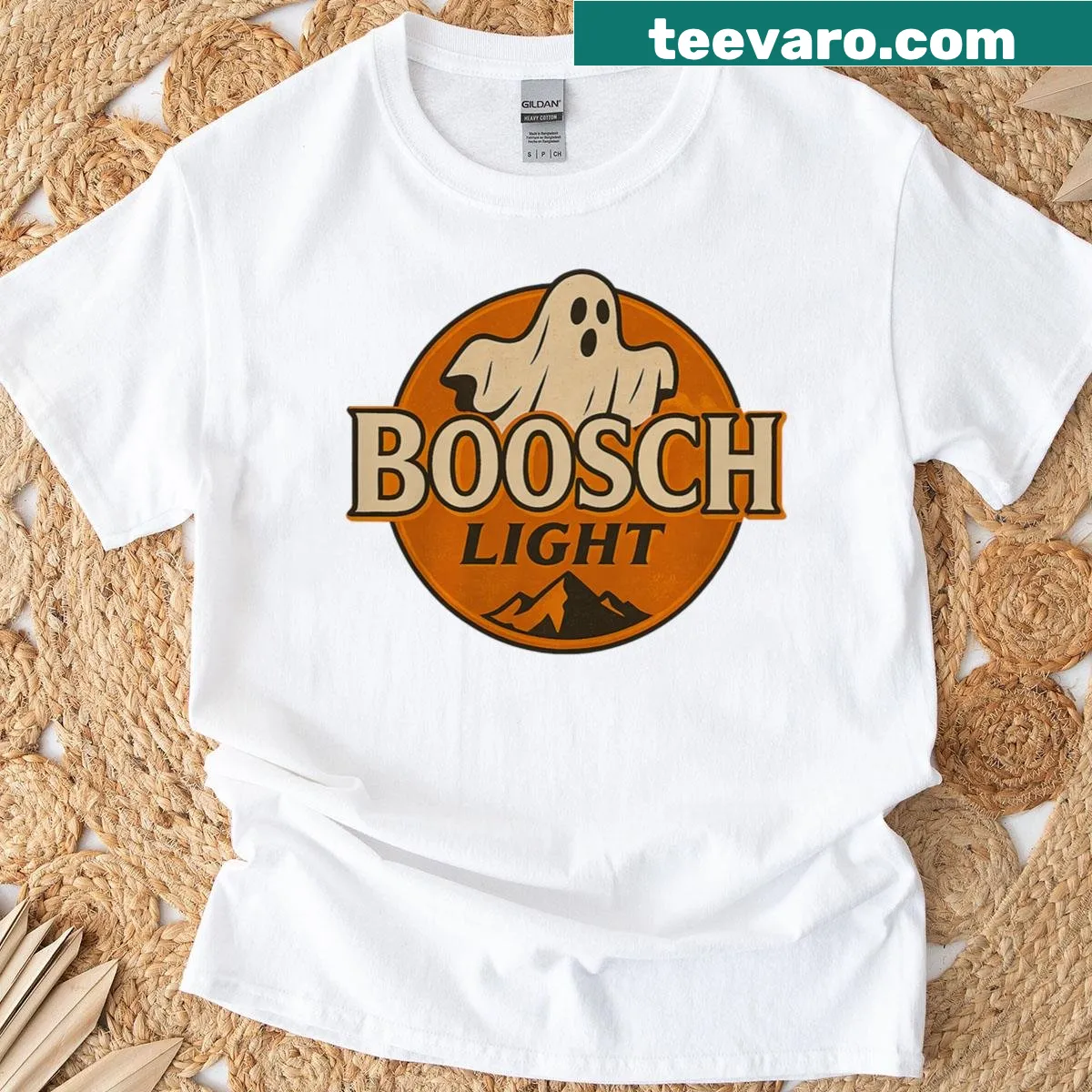 Funny Halloween ghost logo shirt from Boosch Light with playful design — on a men's t-shirt