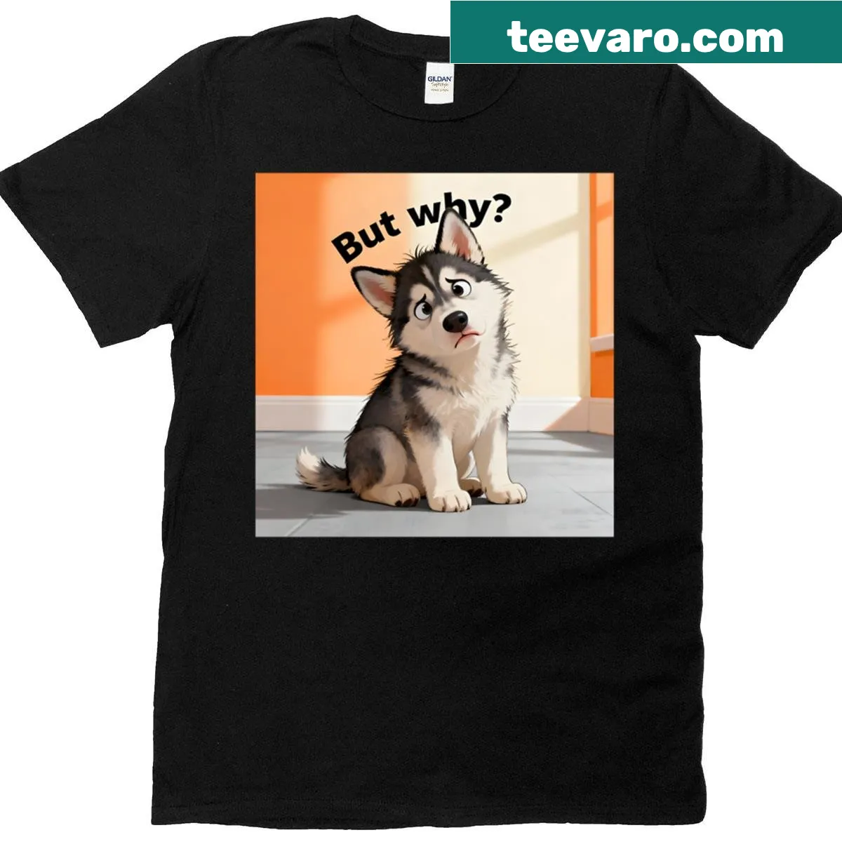Oversized T-shirt featuring an adorable husky puppy with curious eyes. — on a men's t-shirt