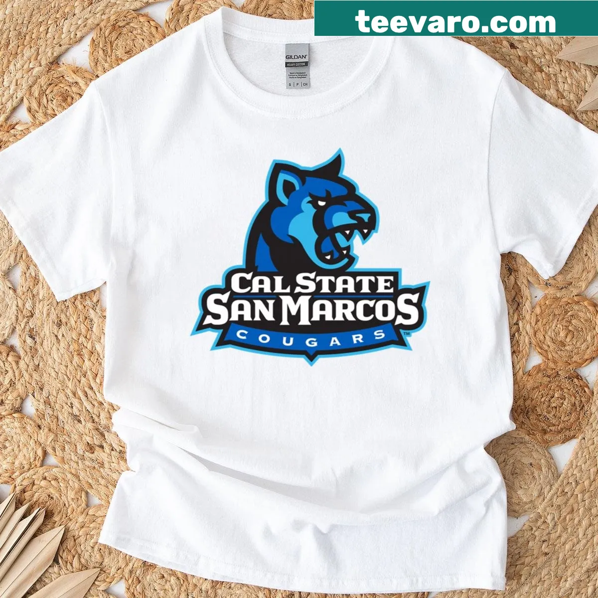 Cal State San Marcos T-shirt featuring the Cougars primary logo — on a men's t-shirt