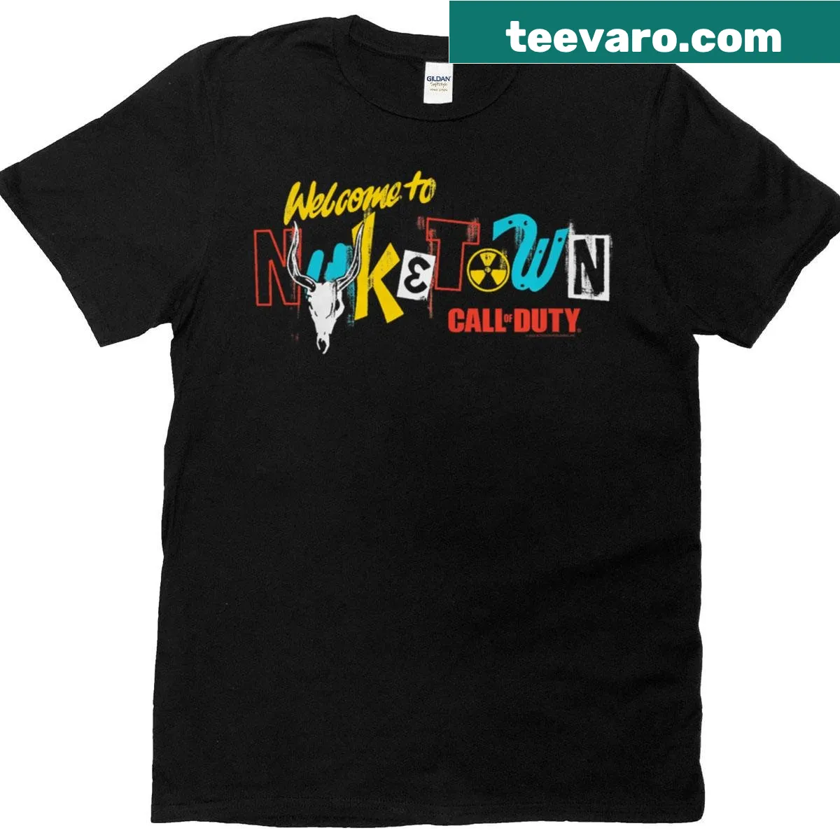 Colorful Nuketown logo graphic on a Call of Duty t-shirt — on a men's t-shirt