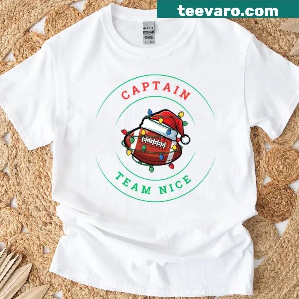 Festive Christmas shirt with 'Captain Team Nice' text in playful typography