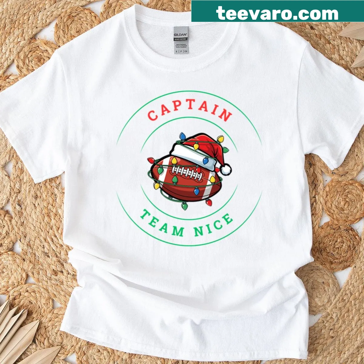 Festive Christmas shirt with 'Captain Team Nice' text in playful typography — on a men's t-shirt