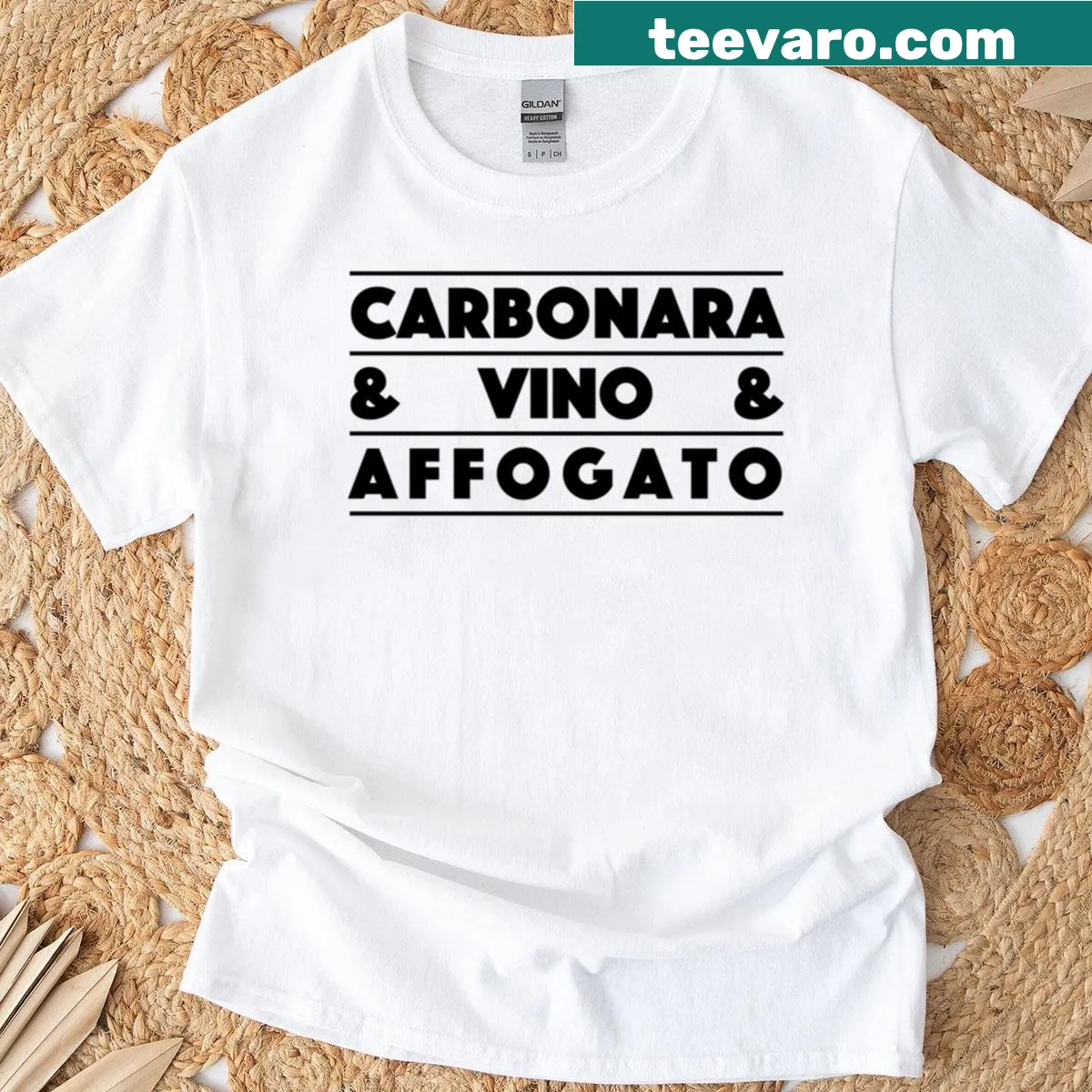 Typography design shirt featuring Italian dishes carbonara and affogato — on a men's t-shirt