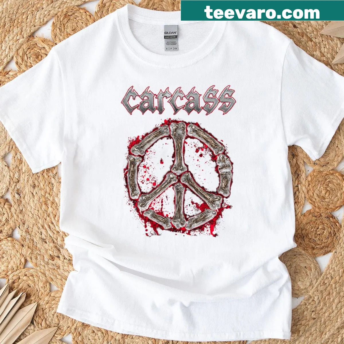 Graphic T-shirt featuring Carcass album art from Heartwork. — on a men's t-shirt