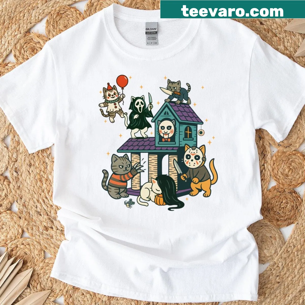 Funny kitten in a tree inspired by horror movies on a t-shirt — on a men's t-shirt