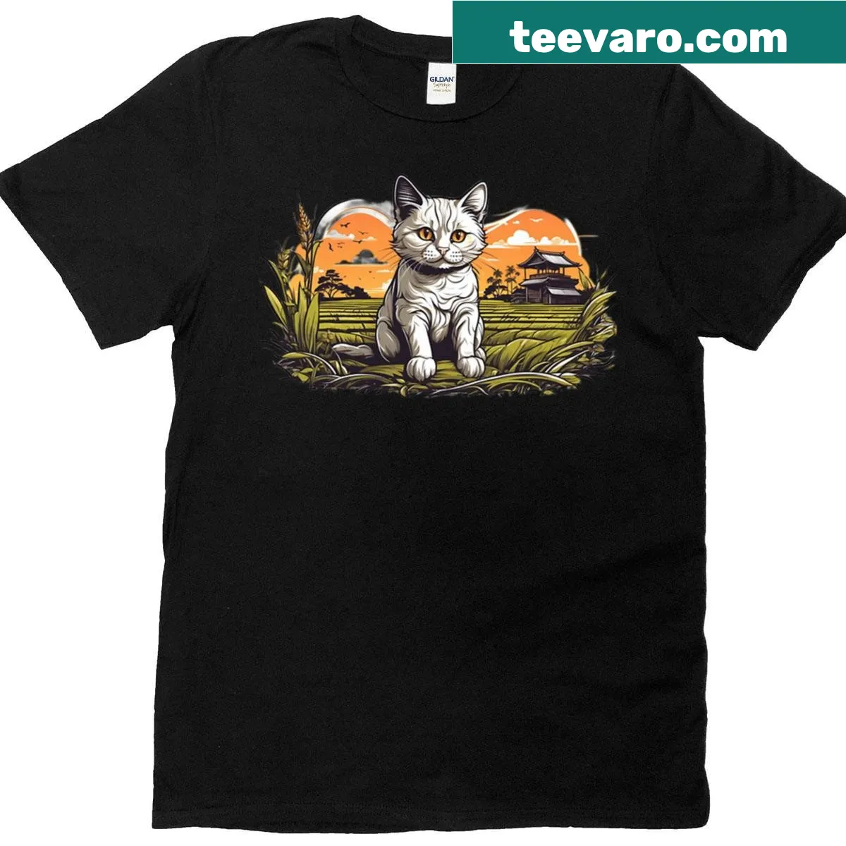 Oversized shirt featuring a cat in a rice field design — on a men's t-shirt