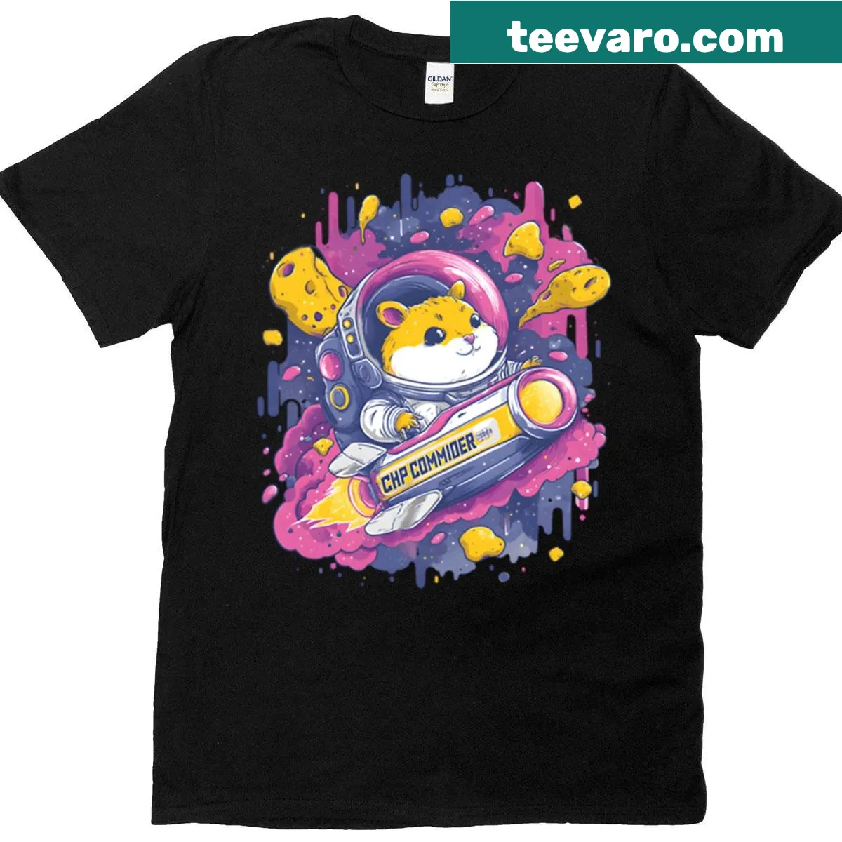 Cute hamster astronaut graphic on oversized t-shirt — on a men's t-shirt