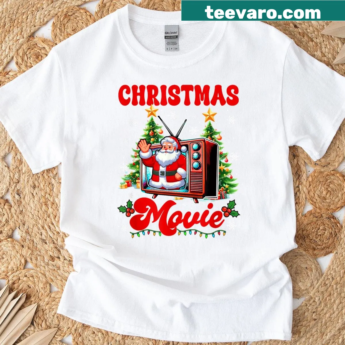 Illustration of Santa on television with a Christmas tree design. — on a men's t-shirt