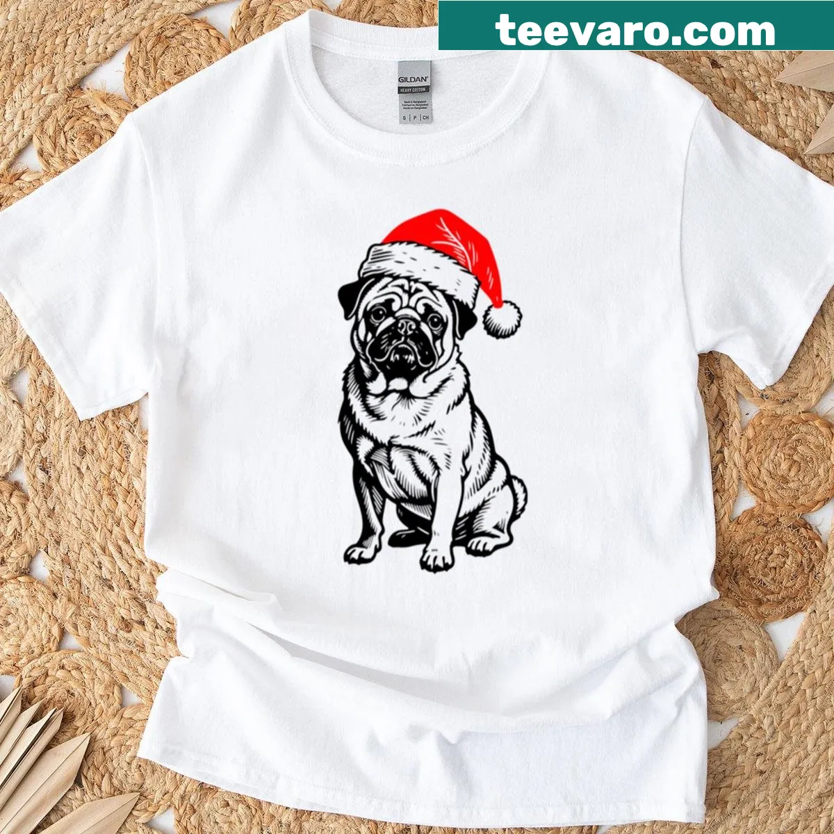 Silhouette of a pug in a Santa hat on a black and white design. — on a men's t-shirt